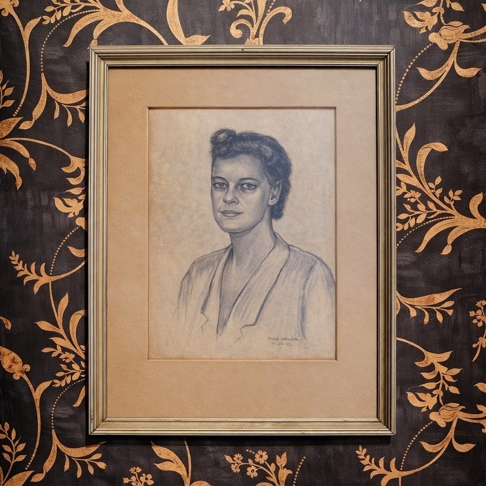 Henrik Holmboe Pencil Sketch of a Lady Signed & Dated 1953 in Frame with Glass